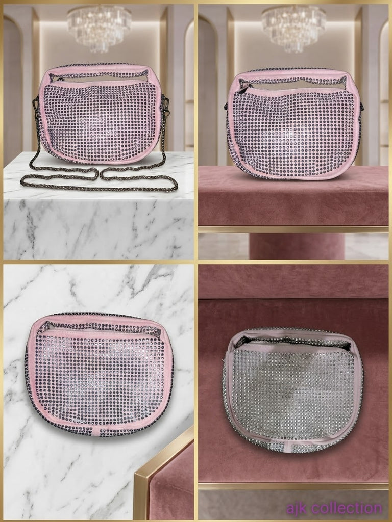 IMPORTED Girls Glamorous Pink Rhinestone Cross body Bag with Chain Strap